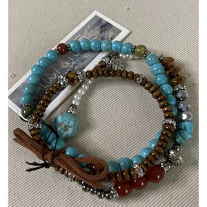 Lost & Found Trading Company 3 Strand Bracelet Turquoise Wood Beads Stretch NEW